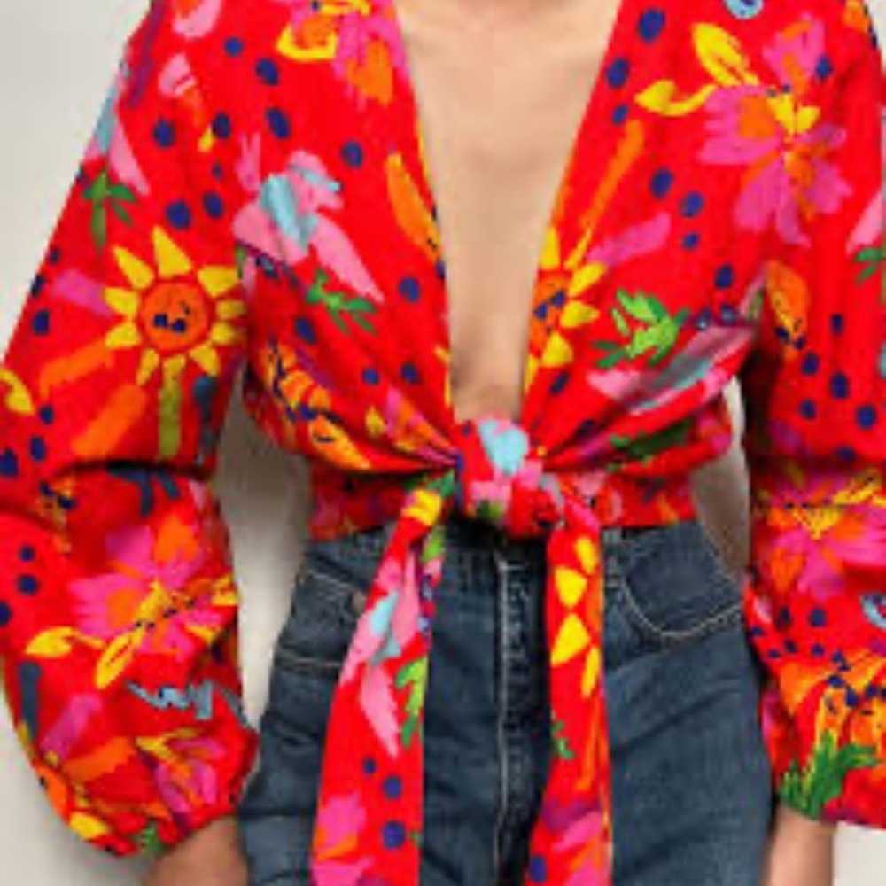 Maison d'Amelie Paris sold Anthro Tropical Linen Red Floral Tie-Front‎ Blouse